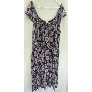 Knox Rose Womens 2X Boho Floral Midi Dress Cap Sleeve Tiered Flare Skirt Blue
